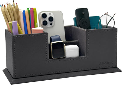 Desk Organizer, Desktop Caddy Leather Multi-compartment Pen Holder Office Stationer Organizer, Black