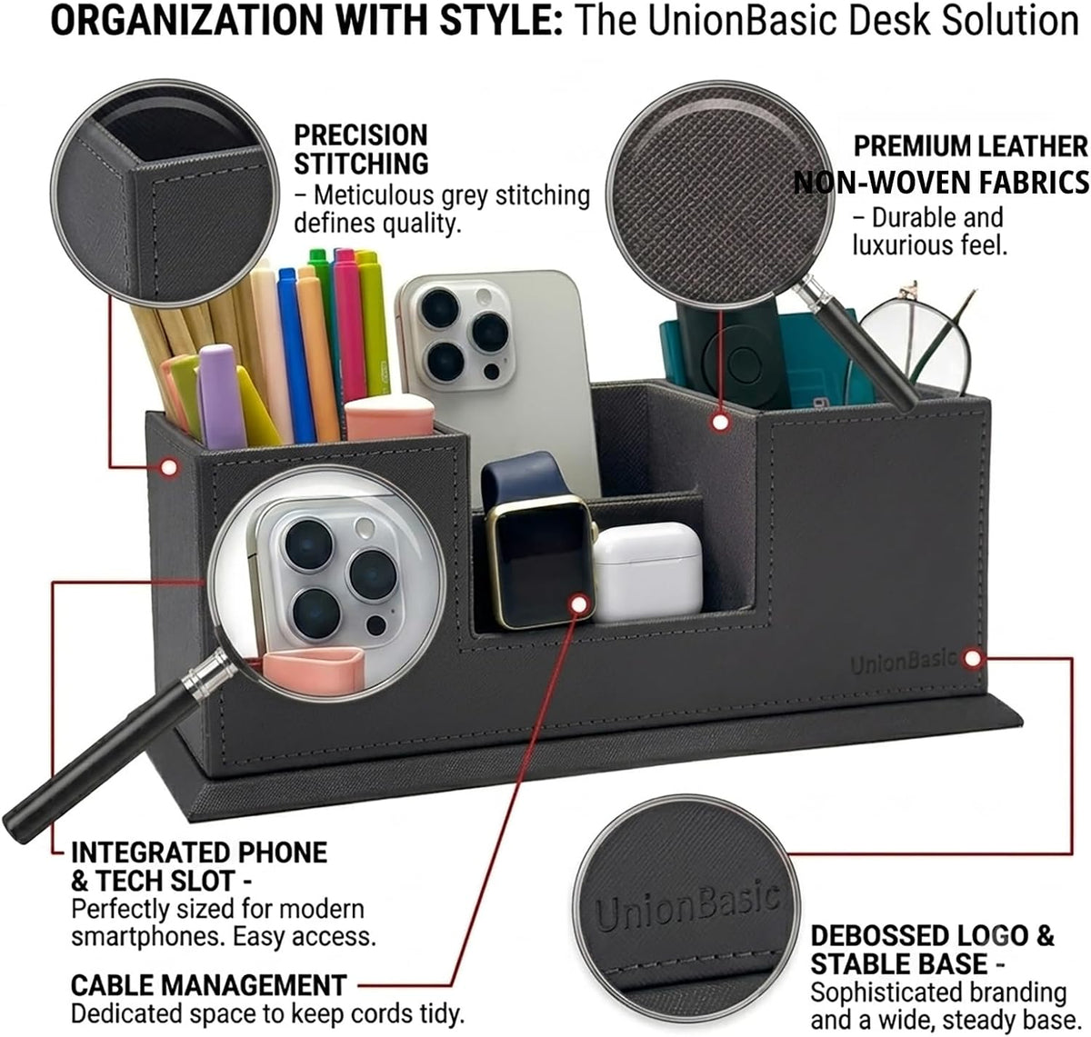 Desk Organizer, Desktop Caddy Leather Multi-compartment Pen Holder Office Stationer Organizer, Black