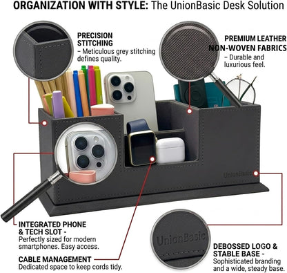 Desk Organizer, Desktop Caddy Leather Multi-compartment Pen Holder Office Stationer Organizer, Black