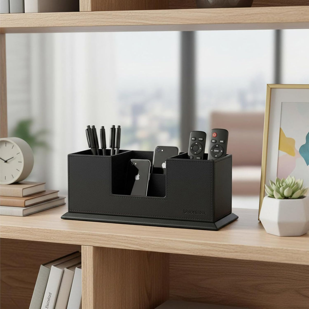 Desk Organizer, Desktop Caddy Leather Multi-compartment Pen Holder Office Stationer Organizer, Black