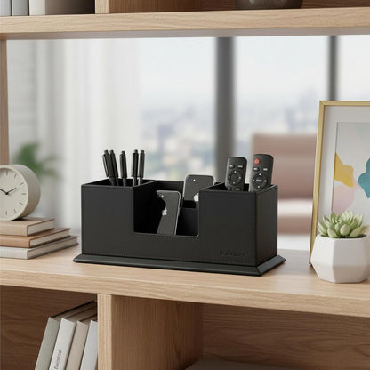 Desk Organizer, Desktop Caddy Leather Multi-compartment Pen Holder Office Stationer Organizer, Black