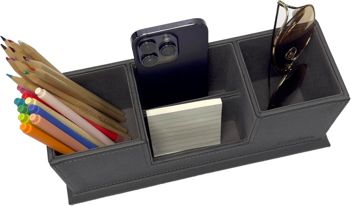 Desk Organizer, Desktop Caddy Leather Multi-compartment Pen Holder Office Stationer Organizer, Black
