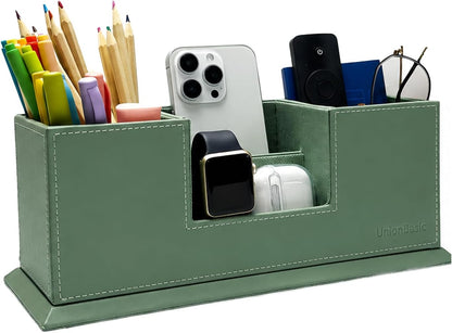 Desk Organizer, Desktop Caddy Leather Multi-compartment Pen Holder Office Stationer Organizer, Black