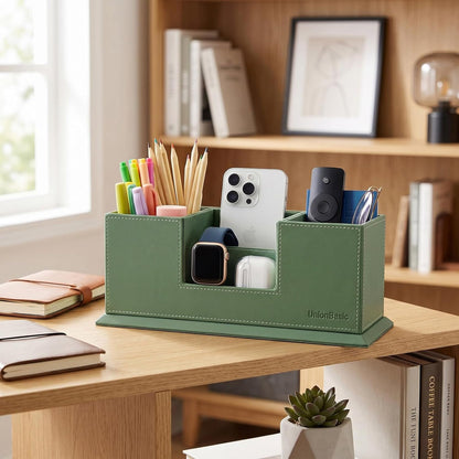 Desk Organizer, Desktop Caddy Leather Multi-compartment Pen Holder Office Stationer Organizer, Black