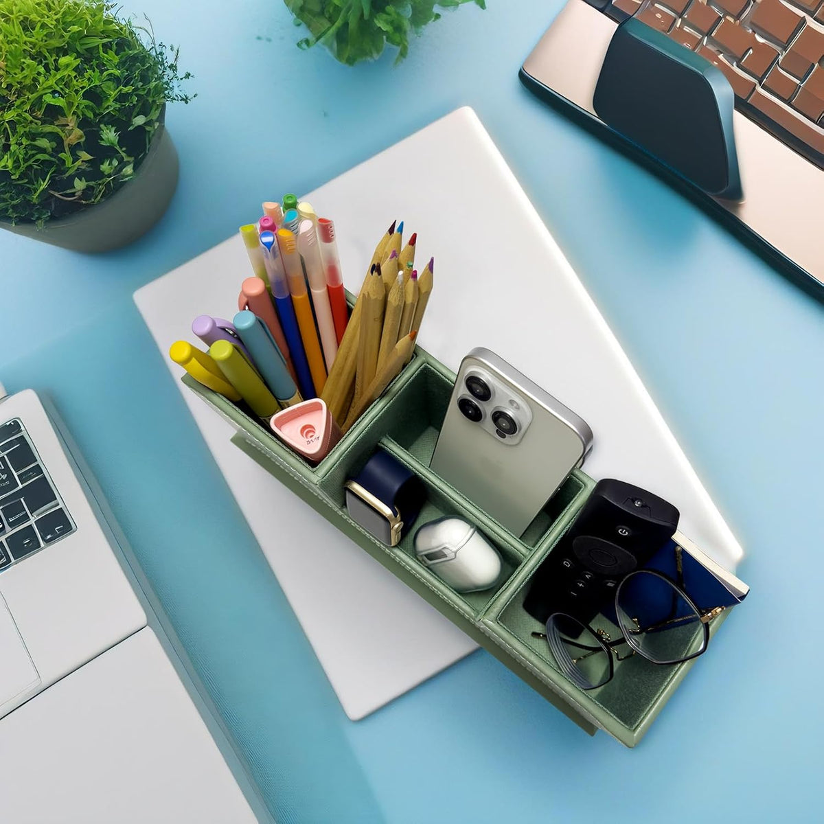 Desk Organizer, Desktop Caddy Leather Multi-compartment Pen Holder Office Stationer Organizer, Black