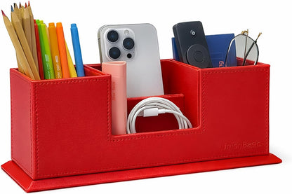 Desk Organizer, Desktop Caddy Leather Multi-compartment Pen Holder Office Stationer Organizer, Black