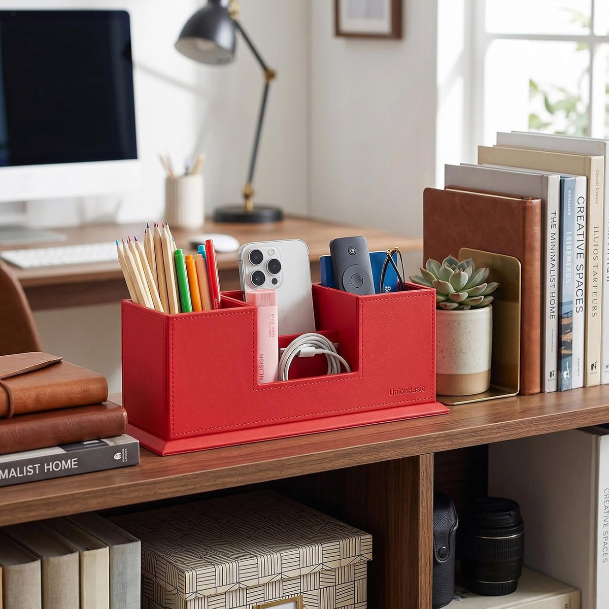 Desk Organizer, Desktop Caddy Leather Multi-compartment Pen Holder Office Stationer Organizer, Black