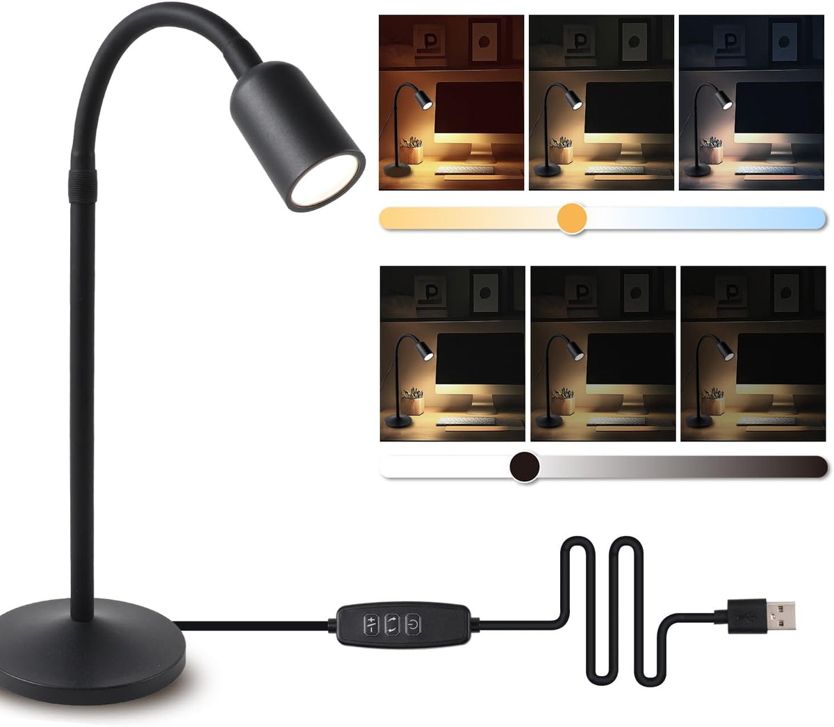 Small Desk Lamp with Flexible Gooseneck, USB Reading Light Nightstand with 3 Color Temperatures, Dimmable Eye-Caring Bedside Table Lamp for Home Office Bedroom Dorm RV - Black