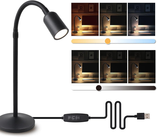 Small Desk Lamp with Flexible Gooseneck, USB Reading Light Nightstand with 3 Color Temperatures, Dimmable Eye-Caring Bedside Table Lamp for Home Office Bedroom Dorm RV - Black