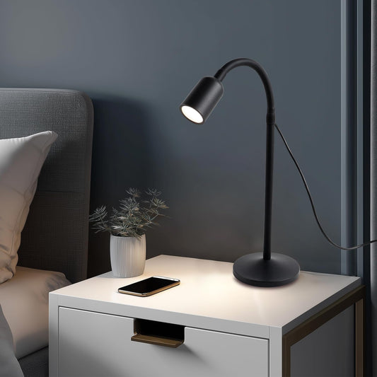 Small Desk Lamp with Flexible Gooseneck, USB Reading Light Nightstand with 3 Color Temperatures, Dimmable Eye-Caring Bedside Table Lamp for Home Office Bedroom Dorm RV - Black