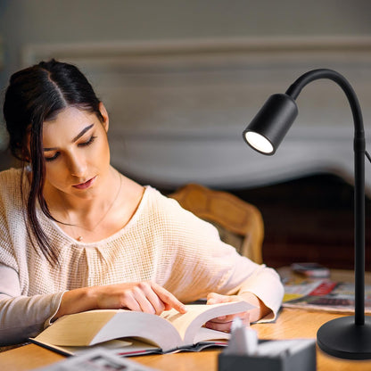Small Desk Lamp with Flexible Gooseneck, USB Reading Light Nightstand with 3 Color Temperatures, Dimmable Eye-Caring Bedside Table Lamp for Home Office Bedroom Dorm RV - Black