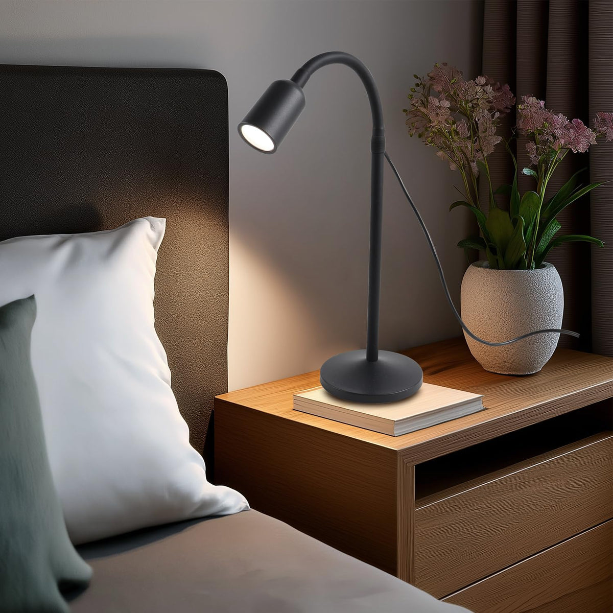 Small Desk Lamp with Flexible Gooseneck, USB Reading Light Nightstand with 3 Color Temperatures, Dimmable Eye-Caring Bedside Table Lamp for Home Office Bedroom Dorm RV - Black