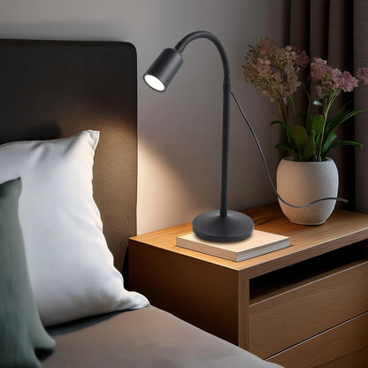 Small Desk Lamp with Flexible Gooseneck, USB Reading Light Nightstand with 3 Color Temperatures, Dimmable Eye-Caring Bedside Table Lamp for Home Office Bedroom Dorm RV - Black