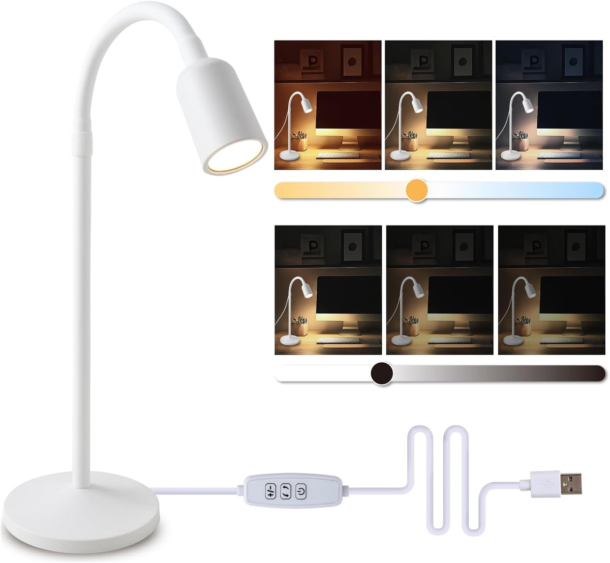 Small Desk Lamp with Flexible Gooseneck, USB Reading Light Nightstand with 3 Color Temperatures, Dimmable Eye-Caring Bedside Table Lamp for Home Office Bedroom Dorm RV - Black