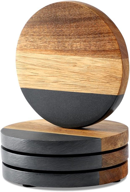 Marble Acacia Wood Drinks Coasters Set of 4, Modern Rustic Wooden Coasters for Drinks Coffee Table Dining Table Desk Christmas Housewarming Home Office