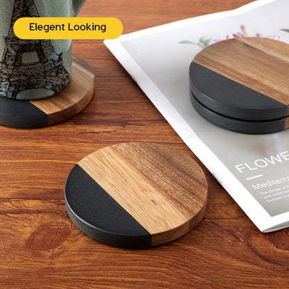 Marble Acacia Wood Drinks Coasters Set of 4, Modern Rustic Wooden Coasters for Drinks Coffee Table Dining Table Desk Christmas Housewarming Home Office