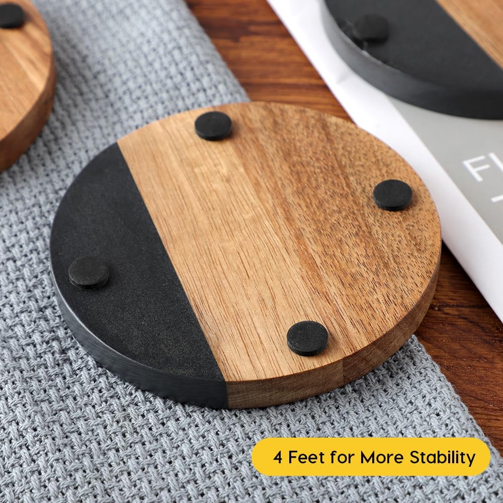 Marble Acacia Wood Drinks Coasters Set of 4, Modern Rustic Wooden Coasters for Drinks Coffee Table Dining Table Desk Christmas Housewarming Home Office