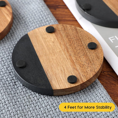 Marble Acacia Wood Drinks Coasters Set of 4, Modern Rustic Wooden Coasters for Drinks Coffee Table Dining Table Desk Christmas Housewarming Home Office