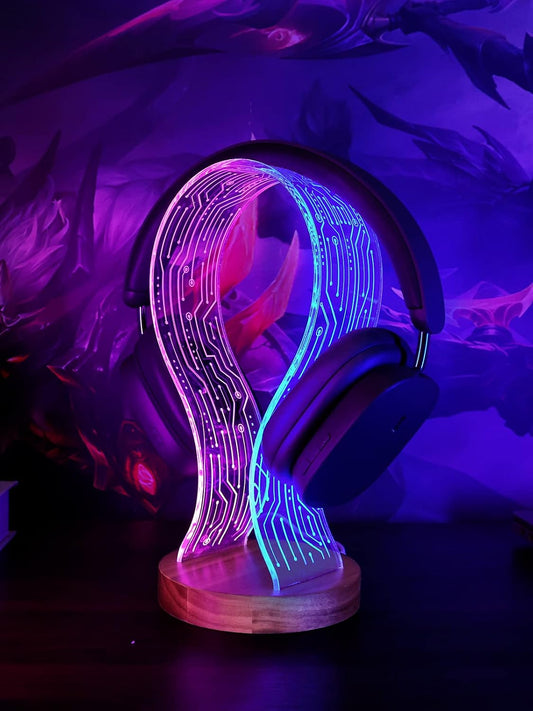 Headphone Stand, Walnut Wood Headset Holder with Blue Pink LED Night Light for Gamers, Men, and Music Lovers - Perfect Desk Gift Idea