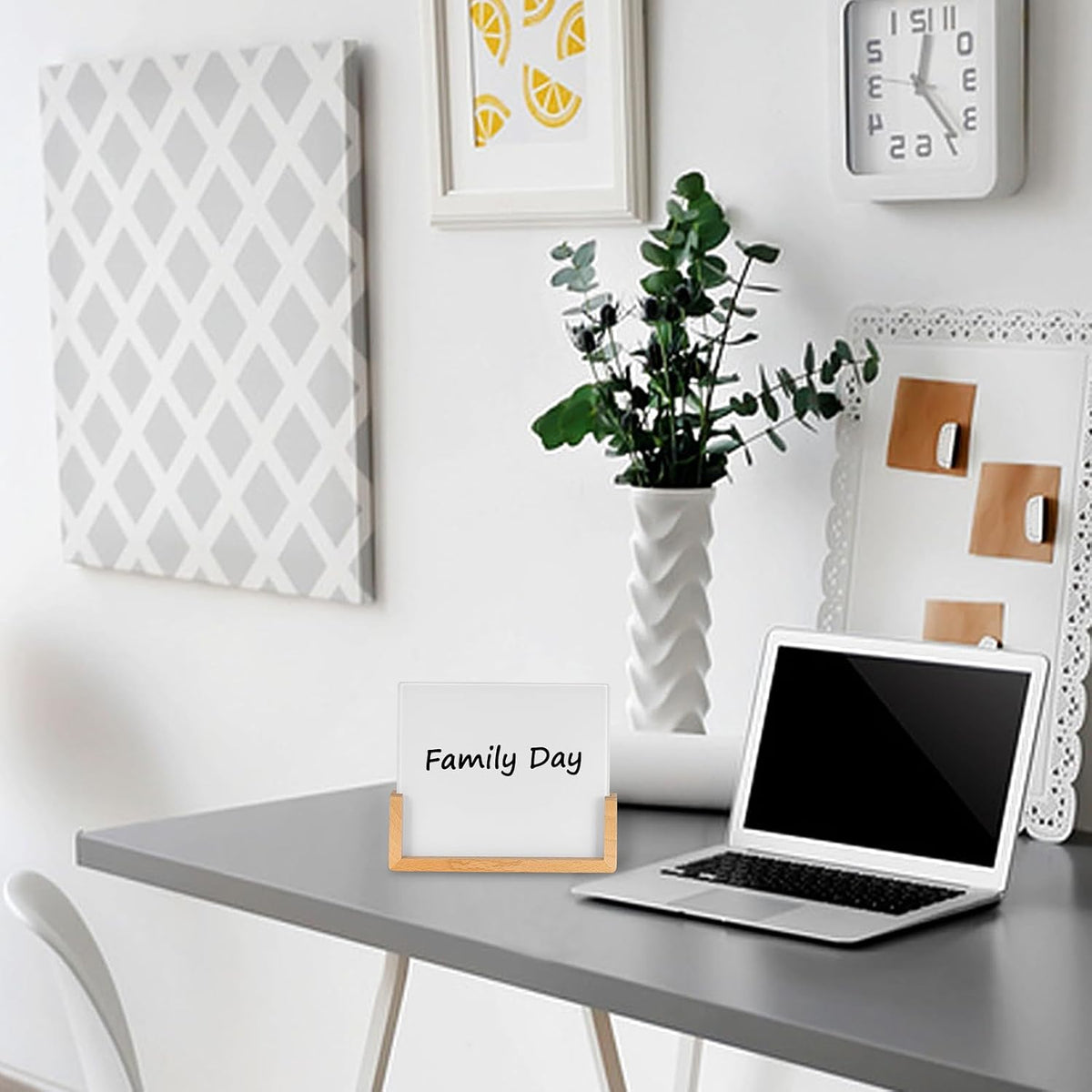Mini Desktop Glass Dry Erase White Board with Rustic Wood Base,White Glass