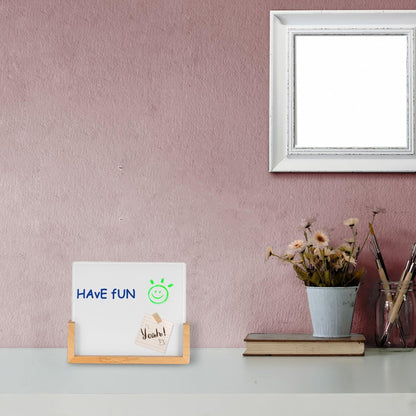 Mini Desktop Glass Dry Erase White Board with Rustic Wood Base,White Glass