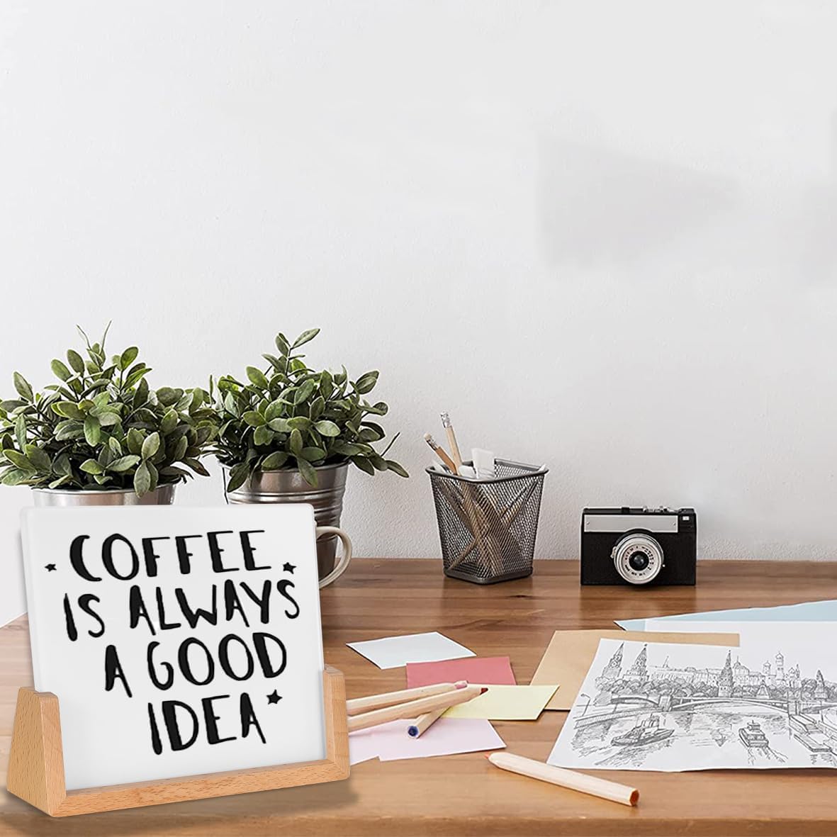 Mini Desktop Glass Dry Erase White Board with Rustic Wood Base,White Glass