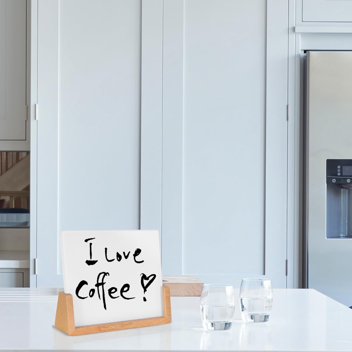 Mini Desktop Glass Dry Erase White Board with Rustic Wood Base,White Glass