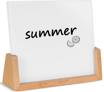 Mini Desktop Glass Dry Erase White Board with Rustic Wood Base,White Glass
