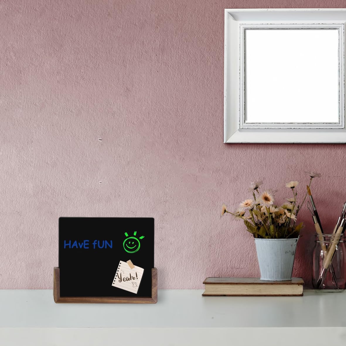 Mini Desktop Glass Dry Erase White Board with Rustic Wood Base,White Glass