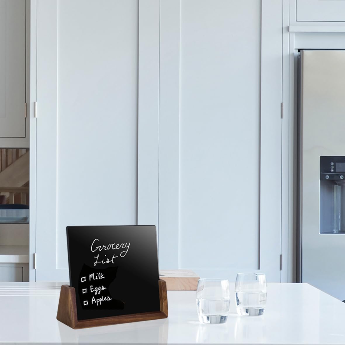 Mini Desktop Glass Dry Erase White Board with Rustic Wood Base,White Glass