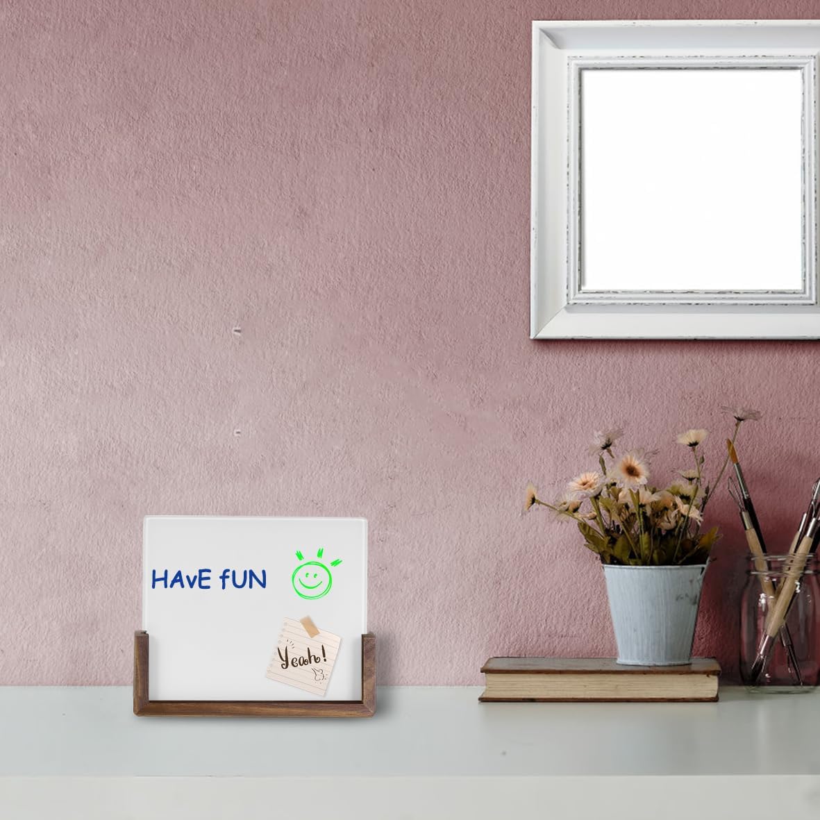 Mini Desktop Glass Dry Erase White Board with Rustic Wood Base,White Glass