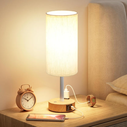 Touch Bedside Table Lamp for Bedroom, Stepless Dimmable, USB A+C, AC Outlet