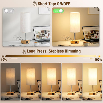Touch Bedside Table Lamp for Bedroom, Stepless Dimmable, USB A+C, AC Outlet