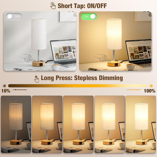 Touch Bedside Table Lamp for Bedroom, Stepless Dimmable, USB A+C, AC Outlet