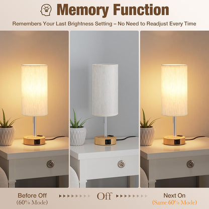 Touch Bedside Table Lamp for Bedroom, Stepless Dimmable, USB A+C, AC Outlet