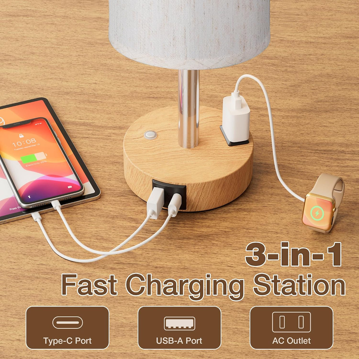 Touch Bedside Table Lamp for Bedroom, Stepless Dimmable, USB A+C, AC Outlet