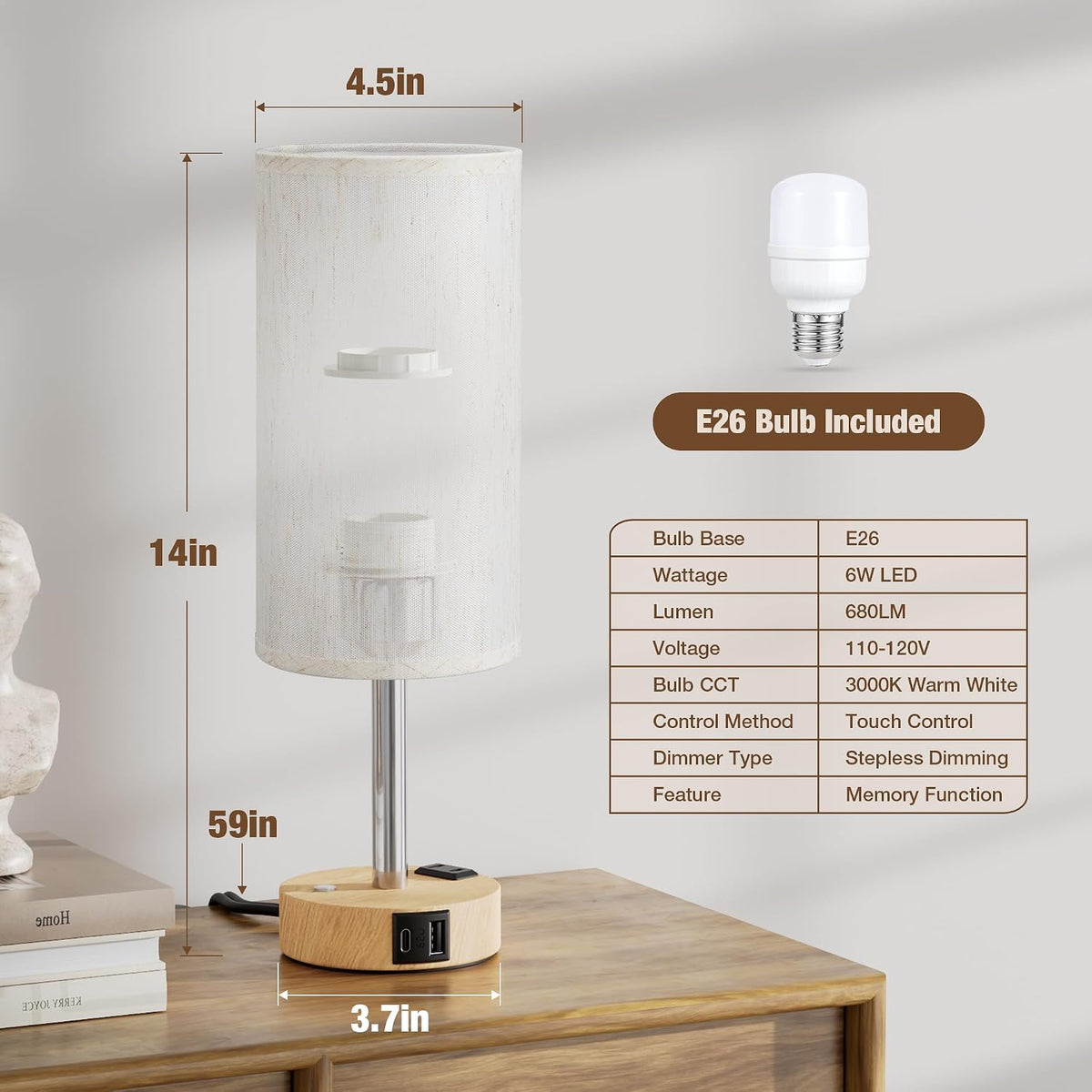 Touch Bedside Table Lamp for Bedroom, Stepless Dimmable, USB A+C, AC Outlet