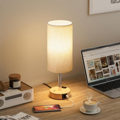 Touch Bedside Table Lamp for Bedroom, Stepless Dimmable, USB A+C, AC Outlet