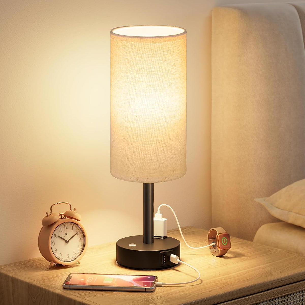 Touch Bedside Table Lamp for Bedroom, Stepless Dimmable, USB A+C, AC Outlet