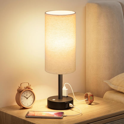 Touch Bedside Table Lamp for Bedroom, Stepless Dimmable, USB A+C, AC Outlet