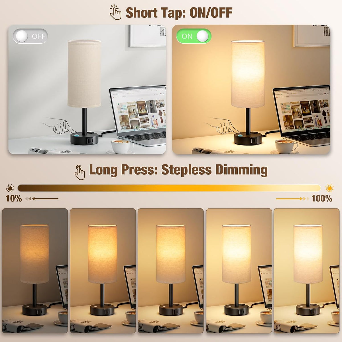 Touch Bedside Table Lamp for Bedroom, Stepless Dimmable, USB A+C, AC Outlet