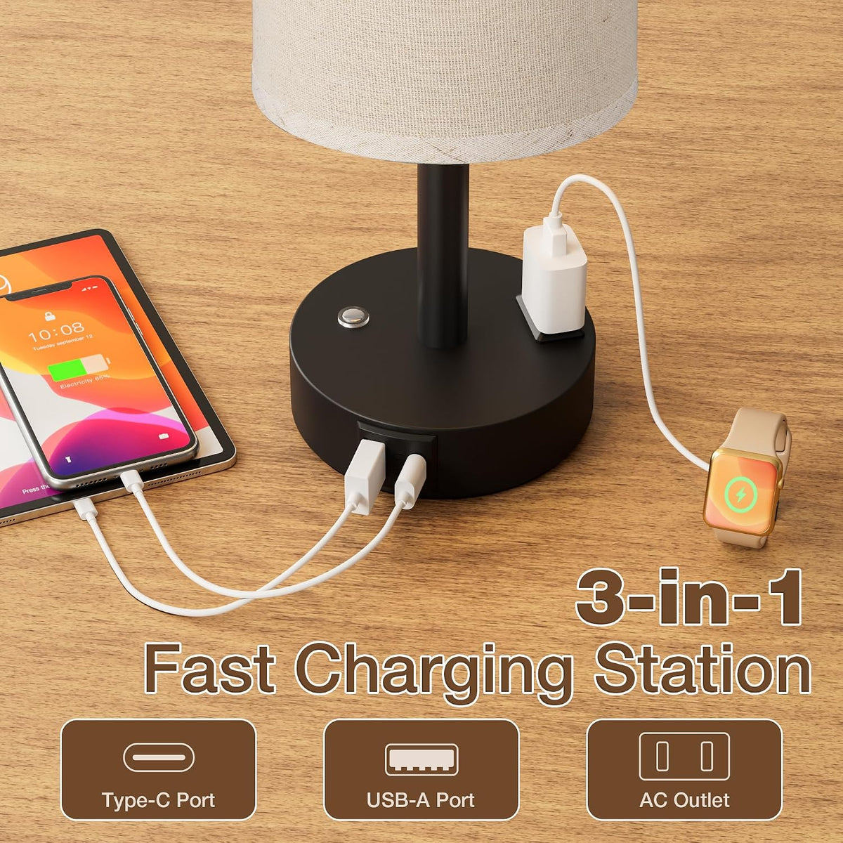 Touch Bedside Table Lamp for Bedroom, Stepless Dimmable, USB A+C, AC Outlet