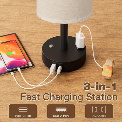 Touch Bedside Table Lamp for Bedroom, Stepless Dimmable, USB A+C, AC Outlet