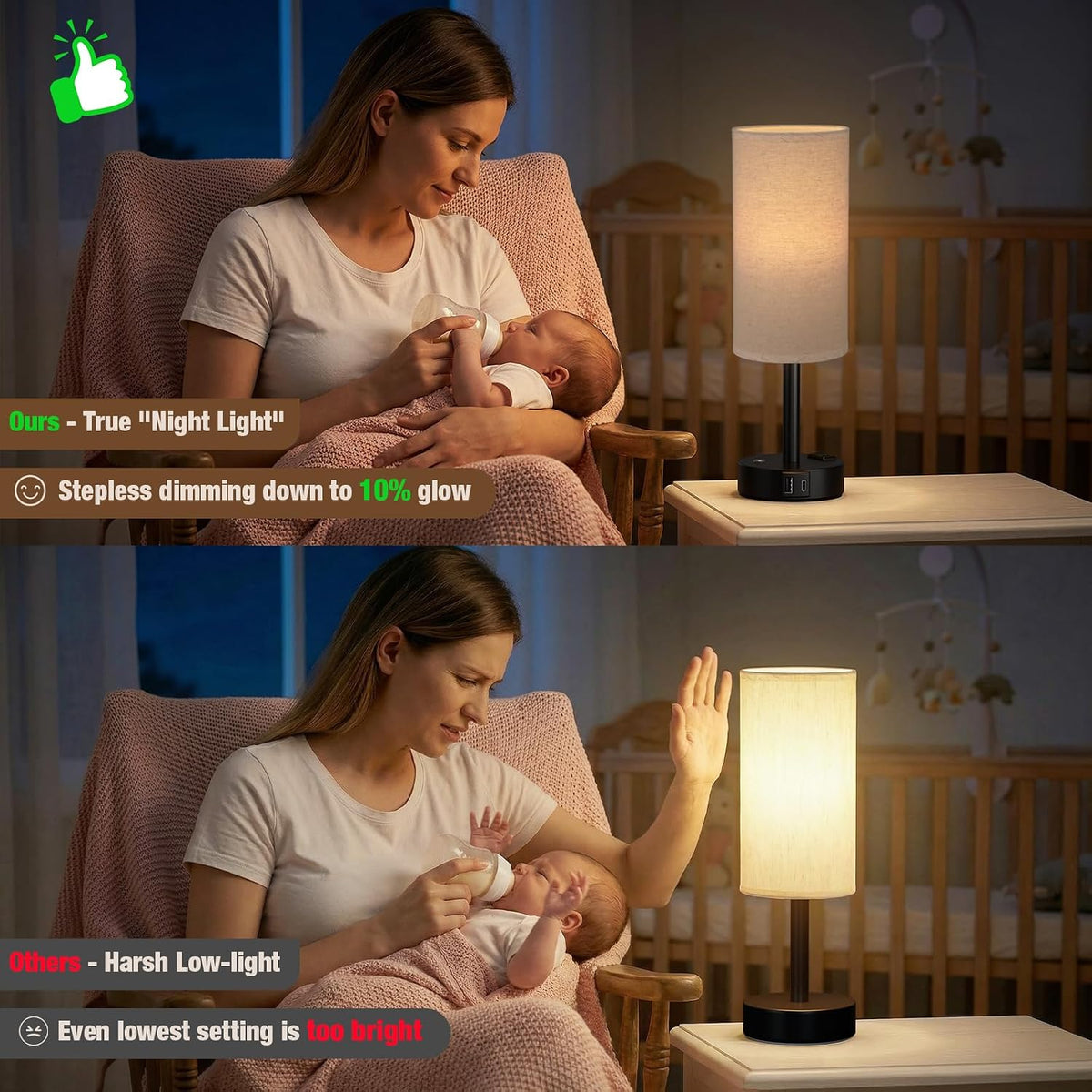 Touch Bedside Table Lamp for Bedroom, Stepless Dimmable, USB A+C, AC Outlet