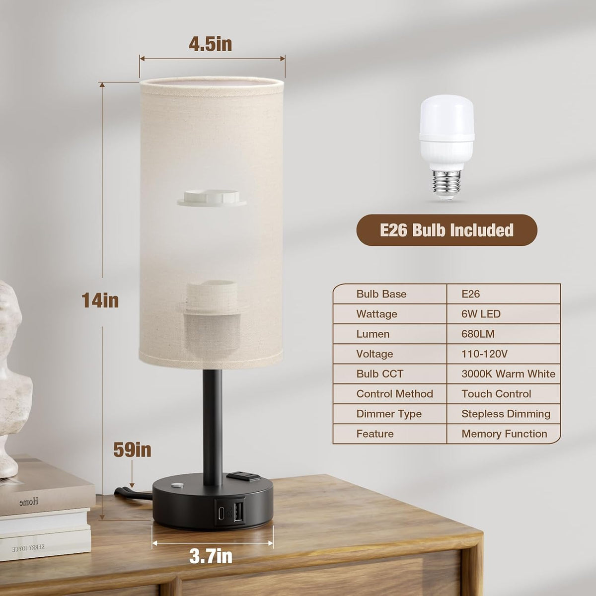 Touch Bedside Table Lamp for Bedroom, Stepless Dimmable, USB A+C, AC Outlet