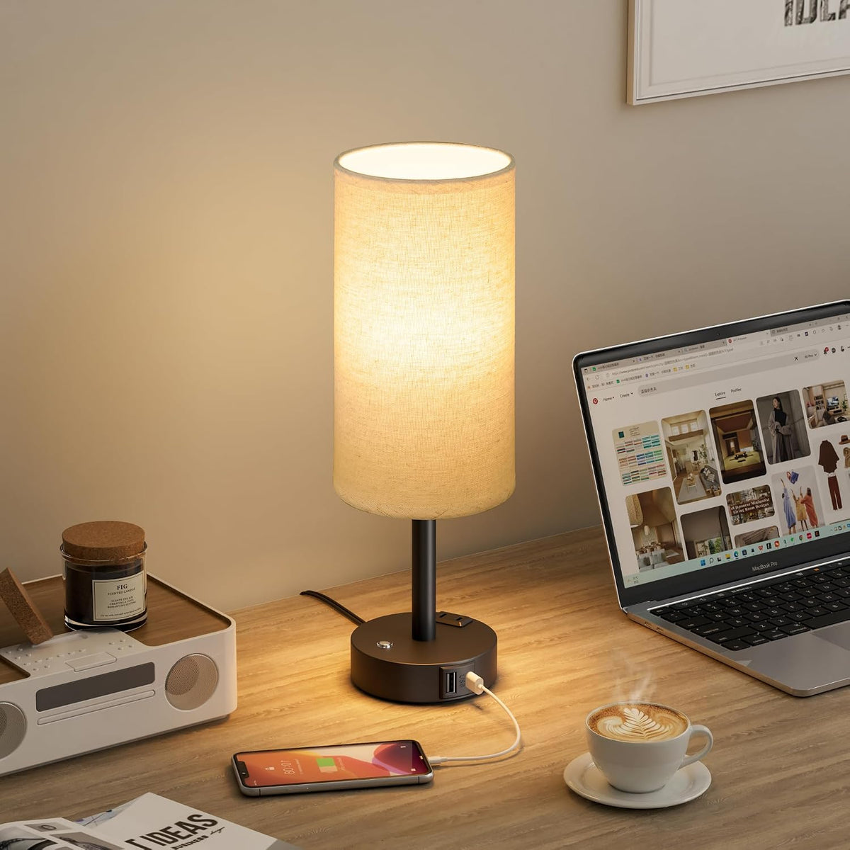 Touch Bedside Table Lamp for Bedroom, Stepless Dimmable, USB A+C, AC Outlet