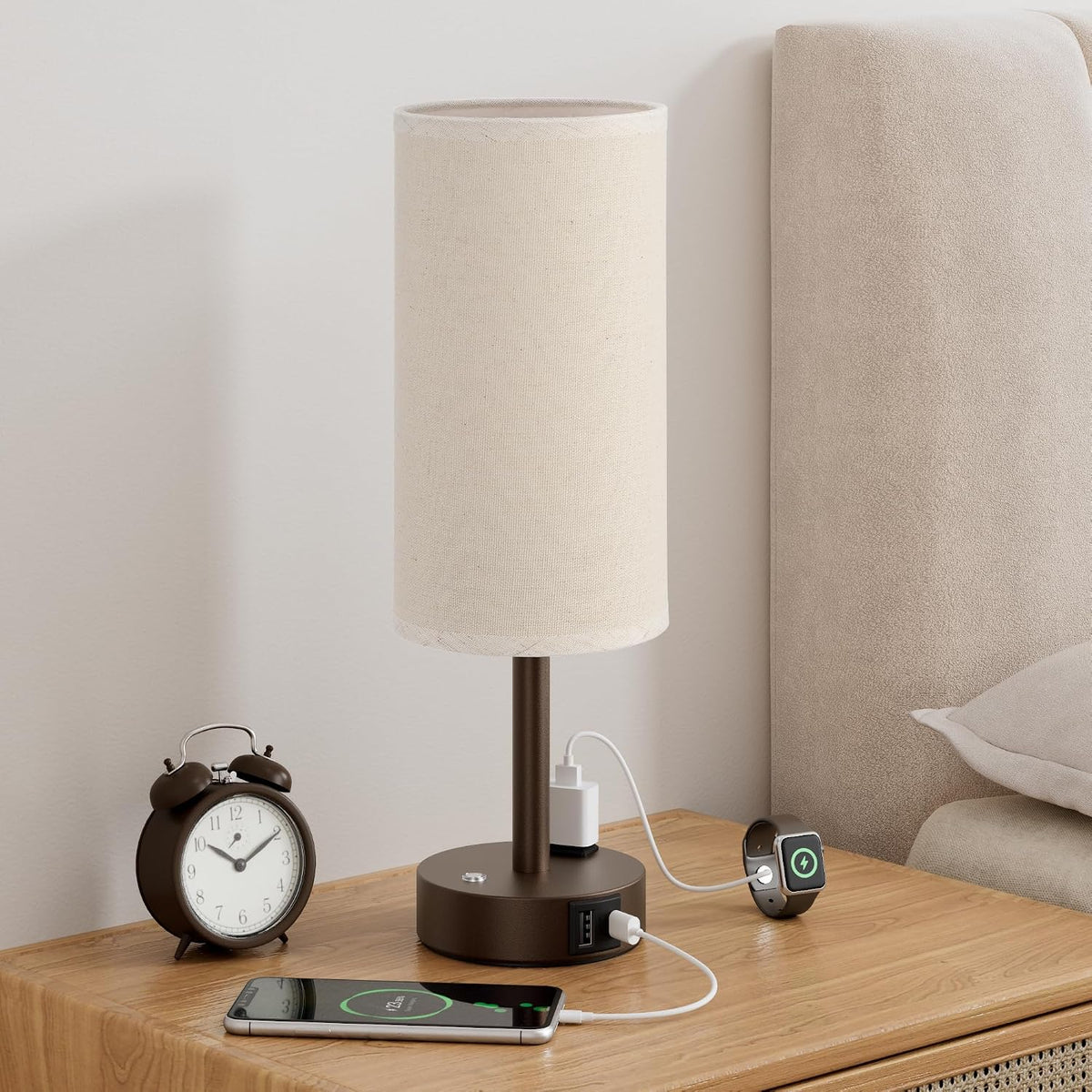 Touch Bedside Table Lamp for Bedroom, Stepless Dimmable, USB A+C, AC Outlet