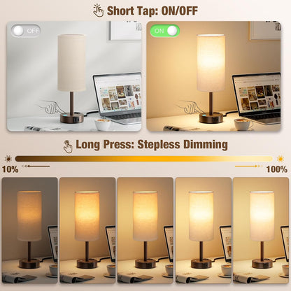 Touch Bedside Table Lamp for Bedroom, Stepless Dimmable, USB A+C, AC Outlet