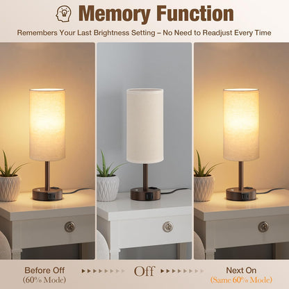 Touch Bedside Table Lamp for Bedroom, Stepless Dimmable, USB A+C, AC Outlet