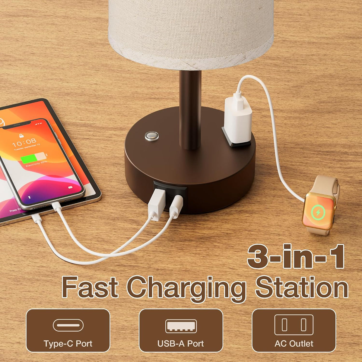 Touch Bedside Table Lamp for Bedroom, Stepless Dimmable, USB A+C, AC Outlet